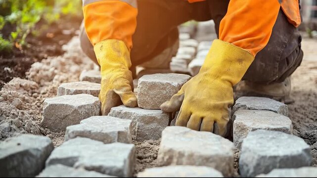 A construction worker laying stones for a path outdoors.