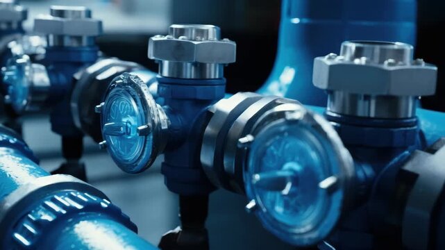 A close-up view of blue metal pipes with flanged connectors in an industrial setting.