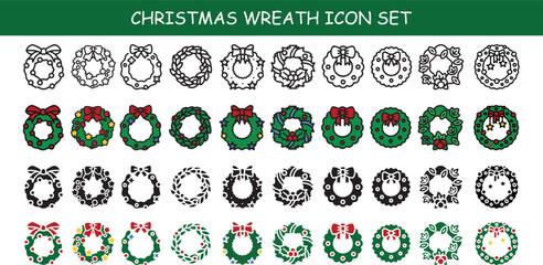 Christmas wreath icon collection featuring line art and colorful variations. Perfect for holiday branding, greeting cards, decorations, stickers, and modern seasonal design projects.
