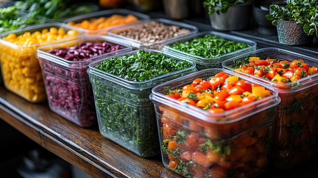 Containers of prepped ingredients symbolize organized meal planning and efficient cooking.