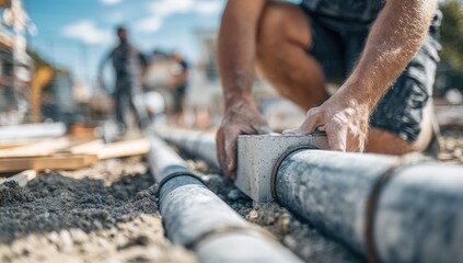 Construction worker installing pipes in the ground outdoors on a sunny day
