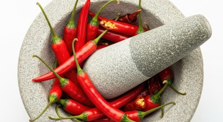 Fresh red chili peppers in a mortar and pestle, ready for spice grinding session