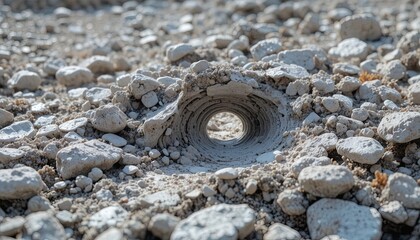 Close-up of drainage pipe in rocky terrain outdoors