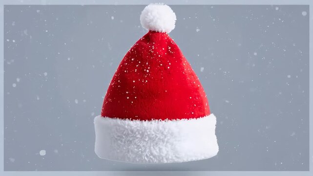 Rising red Santa-style hat floating in studio set, with snowfall intensifying and golden sparkles