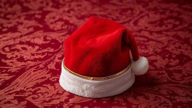 Warm light catching velvet Santa hat settling on red damask fabric, showing pompom, gold band
