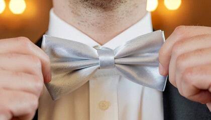 The Silver Bow Tie Adjustment. Happy New Year. A man's hands as he meticulously adjusts his silver bow tie or pocket square. The background is a soft warm blur of party activity.
