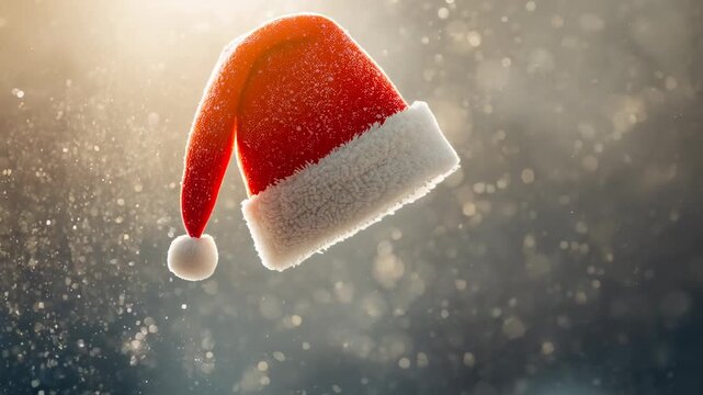 Rotating red Santa-style hat drifting right on sequence start in studio, frosted brim and pom-pom