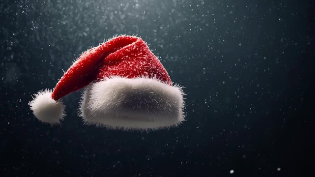 Floating red Santa hat drifting in studio, being nudged by air current to show snow dust