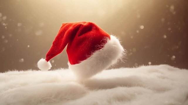 Floating red Santa hat descending onto plush white surface, snow drifting under warm golden light