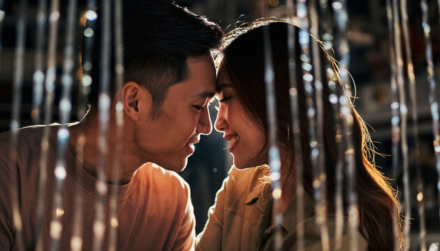 The Shared Smile at Twelve. Happy New Year. An intimate two-shot of a couple leaning in just after midnight sharing a quiet genuine smile while soft silver streamers hang blurred in the foreground.

