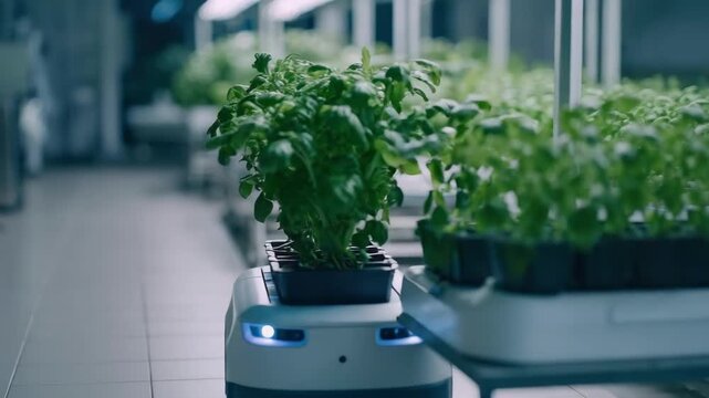 Autonomous delivery robot carrying a potted plant through an indoor greenhouse.