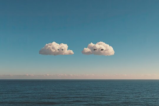 Whimsical clouds with curious eyes gaze over a calm ocean expanse under a blue sky