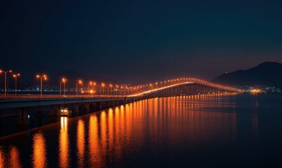 Fototapeta premium Illuminated bridge spans across dark water, reflecting warm lights under night sky