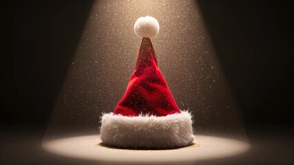 Drifting fine particles slowly settling around red Santa-style hat on studio pedestal, forming ring