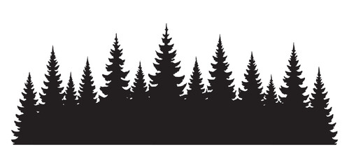Obraz premium Black silhouette of forest with pine trees isolated on white background. concept of nature, landscape, woodland, silhouette art, forestry, design element, decoration