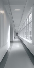 Obraz premium A long, bright hallway with windows casting shadows on the floor