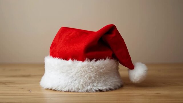 Zooming camera capturing red Santa hat with white fur brim on wood tabletop, showing subtle shifts