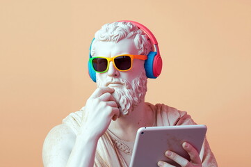 Statue of philosopher wearing colorful sunglasses and headphones while holding a tablet