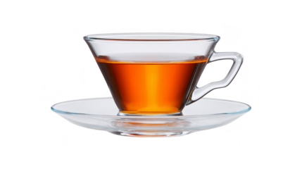 Clear glass cup with hot tea on transparent saucer, isolated on transparency background, showing warm beverage and elegant tableware, perfect for relaxation or refreshment moments