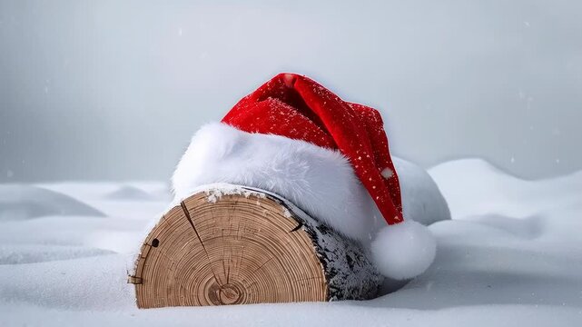 Zooming camera revealing cut log wearing Santa hat in snowy field, highlighting growth rings