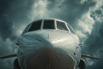 A sleek, silver jet plane's nose and cockpit against a dramatic, stormy sky