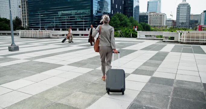 Running, employee and woman with suitcase, city and rushing for departure, delay and business travel. Check, time and person with luggage for international trip, back and late for flight or hurry