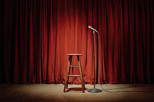 A lone microphone and stool stand on a dimly lit stage with red curtains