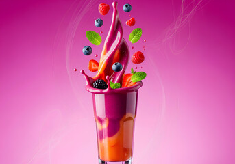 Vibrant photo of a purple and orange layered berry smoothie with a dramatic splash and flying fruit and mint leaves against a pink background