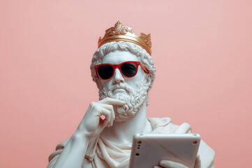 Statue of a king in sunglasses and a crown holding a tablet with a light pink background