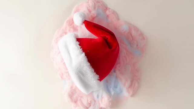 Starting rotation, red Santa hat revealing creases on beige tabletop with pink batting for display
