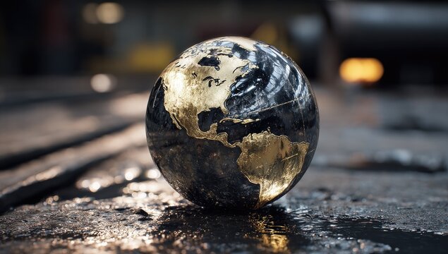 Realistic globe with dark, reflective surface and golden continents rests on wet ground
