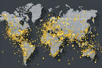 Global map with gold dots showing widespread distribution and concentration of data points