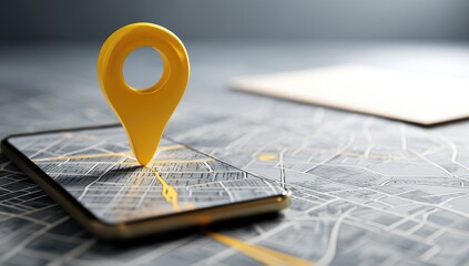 A golden map pin rests on a smartphone displaying a city map