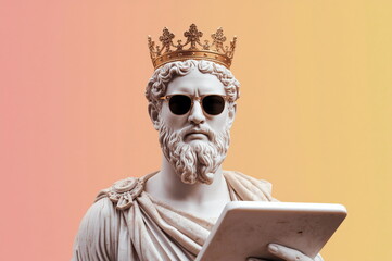 Statue of a king with sunglasses and a crown holding a tablet in front of a colorful background