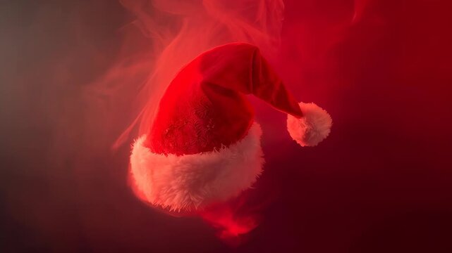 Advancing frames sending Santa hat bobbing and rotating in studio with velvet, pom-pom, smoky mist