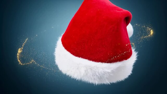 Playback starting red Santa hat with white trim, pompom rotating in teal gradient, glitter orbiting