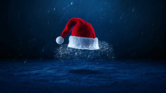 Appearing red Santa hat with white fur drifting and rotating in dark-blue studio, emitting sparkles