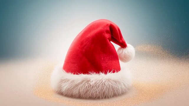Settling red Santa hat creasing crown on tabletop, stirring powder ring and lifting glitter right