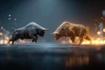 Two powerful, glowing bulls face off in a dramatic, cosmic arena