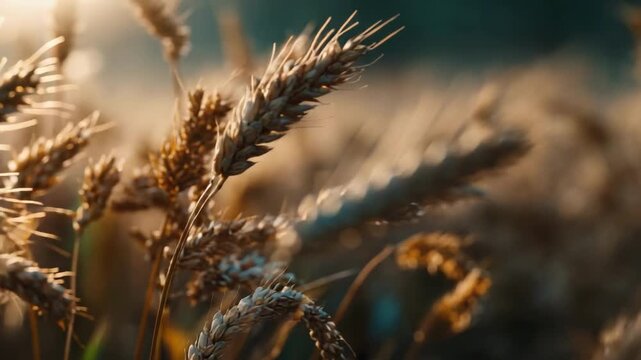 Close-up of golden wheat heads in a sunlit field.