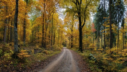 Obraz premium A gravel road winds through a vibrant autumn forest with golden leaves