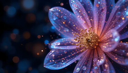  Blooming Flower Close-Up with Sparkles and Dark Background. Dreamy Flower