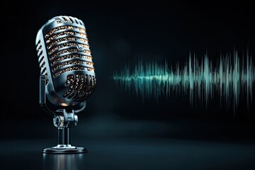 Vintage microphone captures sound waves in a dramatic, glowing display