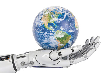Robotic hand holding a realistic Earth globe on transparent background, useful png clipart for global technology, sustainability, AI impact, eco-innovation visuals and worldwide digital concepts.