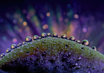 Macro view of water droplets on a textured, curved surface with blurred colorful lights