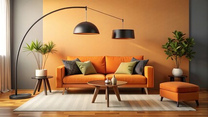 Modern retro living room featuring a black arc lamp