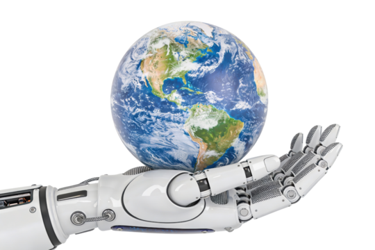 Robotic hand holding a realistic Earth globe on transparent background, useful png clipart for global technology, sustainability, AI impact, eco-innovation visuals and worldwide digital concepts. - Powered by Adobe