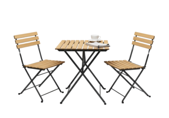 Small square foldable light wood table, slatted top, dark grey metal frame, two matching chairs, white ceramic coffee cup, linen napkin on clean transparent background. Concept of modern minimalist