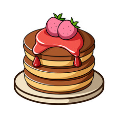 Stack of pancakes with strawberries and syrup