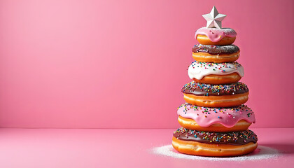 Stacked donuts shaped like a christmas tree with silver star topper and colorful sprinkles, sugar dust at the base on pastel pink background with copy space, playful holiday celebration atmosphere